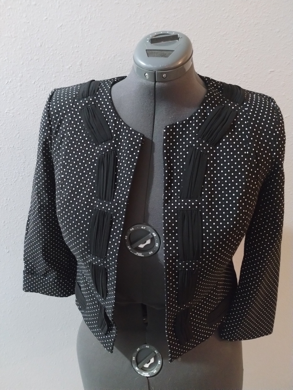Cabi Black Polka Dot Cropped Blazer with Pleated Trim